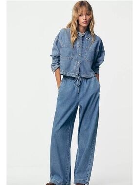 Zara Light Blue Denim Drawstring Wide-Leg Pants